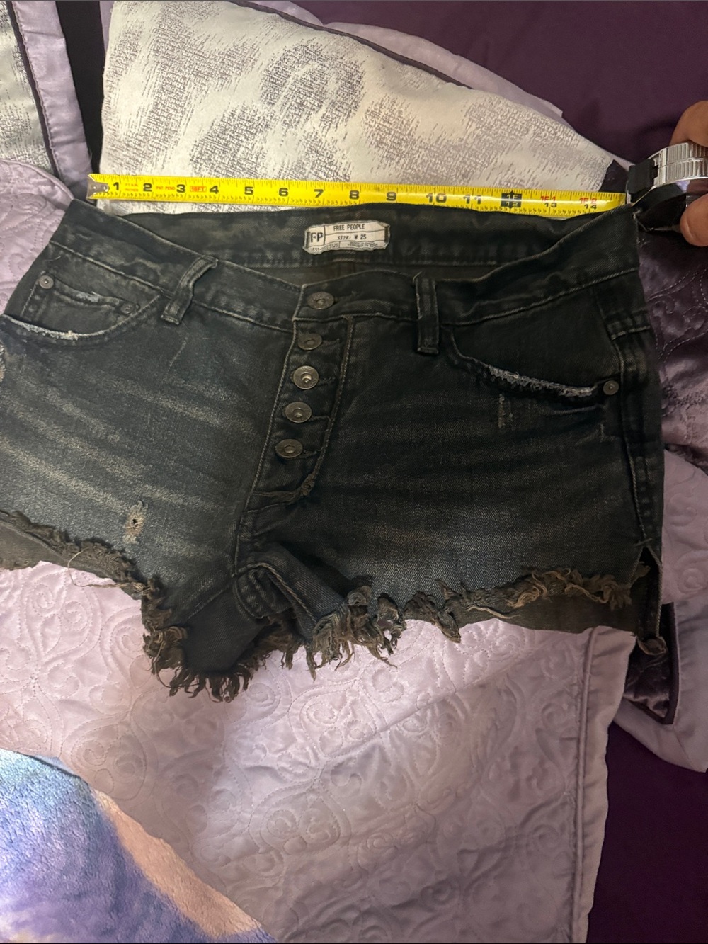 Free People Washed Black Distressed Button-Fly Denim Shorts
